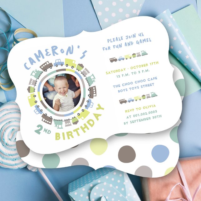 Boys Leksak Roligt Transport Foto 2:a födelsedagen Inbjudningar (Boys Toys Pastel Blue Fun Transport Photo Kid's 2nd Birthday Party Invitation @ fatfatin_mini_me)