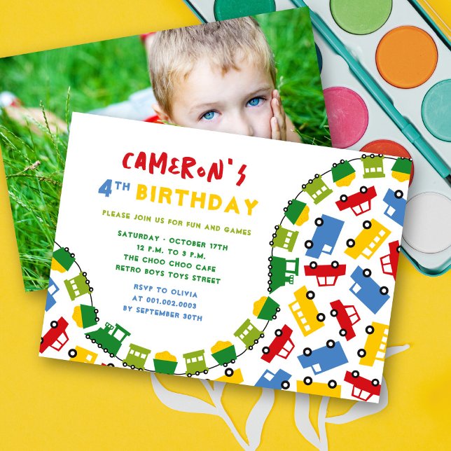 Boys Leksak Roligt Transport Photo 4e födelsedagen Inbjudningar (Boys Toys Colorful Fun Transport Photo Kid's 4th Birthday Party Invitation @ fatfatin_mini_me)