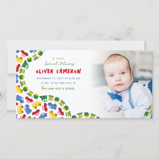 Boys Leksaker Colorful Transport Pojke Photo Birth Meddelande (Framsida)