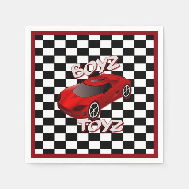 Boys Leksaker Red Sports Car Checkated Napkins Pappersservett (Framsidan)