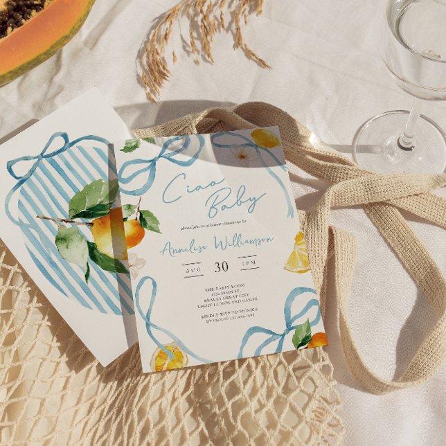 Boys Lemon Ciao Baby Italian Baby Shower Inbjudningar (Blue Bows Boys Italian Lemon Baby Shower Invite)