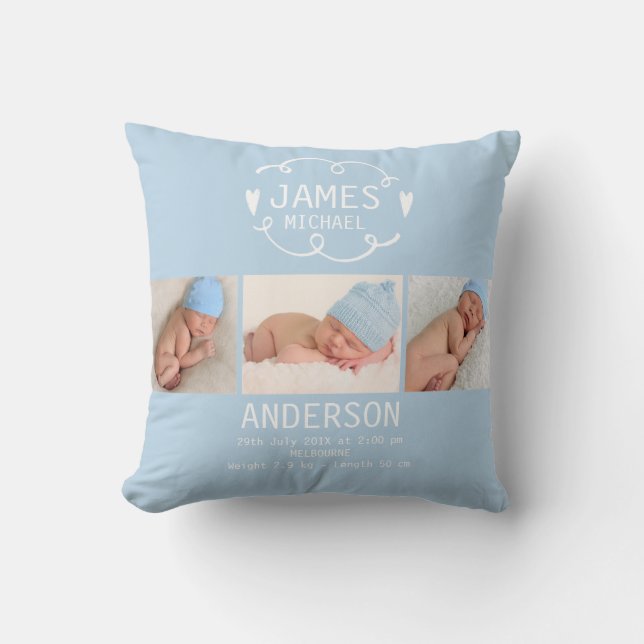 Boys Light Blue Photo Birth Announcement Cushion Kudde (Framsida)