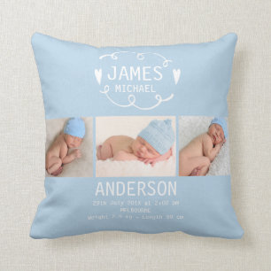 Boys Light Blue Photo Birth Announcement Cushion Kudde