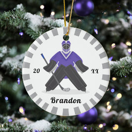 Boys Lila Ice Hockey Players Namn Winter Stripe Julgransprydnad Keramik