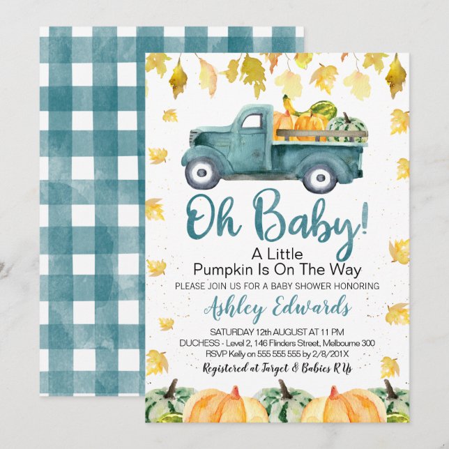 Boy's Little Pumpkin Baby Shower-inbjudan Inbjudningar (Fram/baksida)
