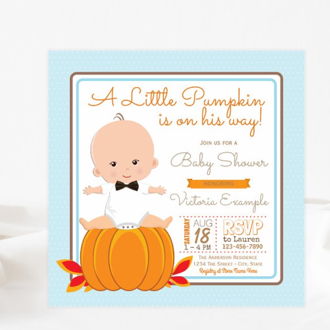 Boys Little Pumpkin Baby Shower-inbjudan Inbjudningar (Cute little pumpkin baby shower invitation with adorable baby boy. Simply add your event details.)