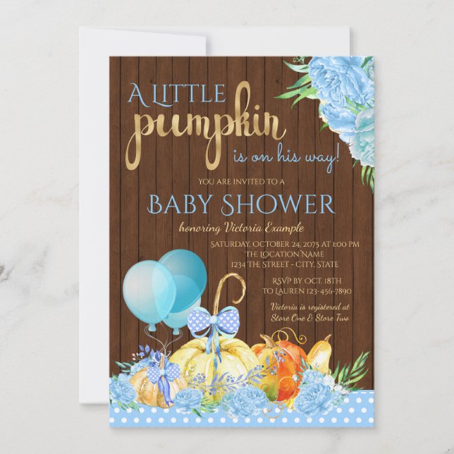 Boys Little Pumpkin Rustic Wood Baby Shower Inbjudningar (Framsida)