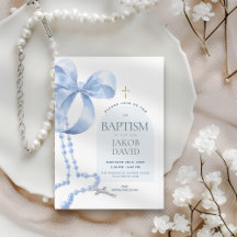 Boy's Modern Blue Bow & Rosary Baptism-inbjudan