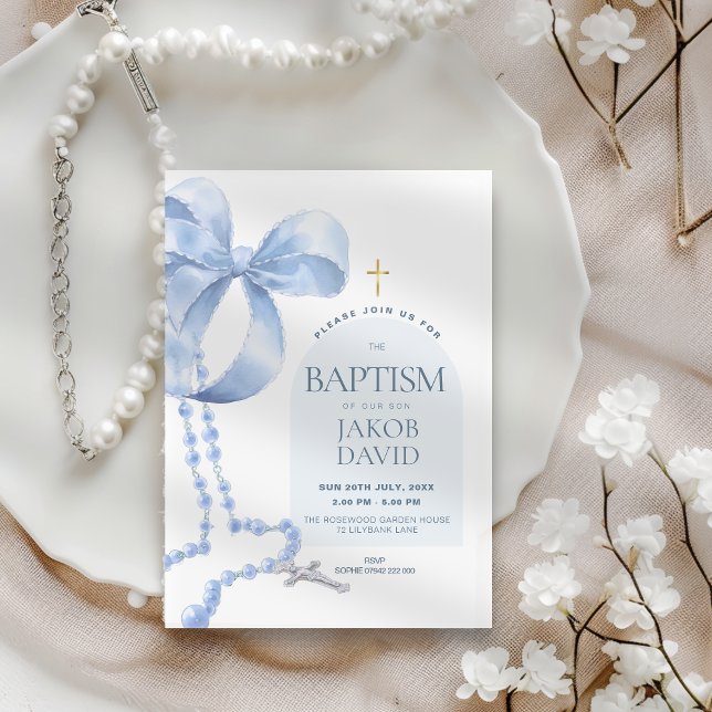 Boy's Modern Blue Bow & Rosary Baptism-inbjudan Inbjudningar (Skapare uppladdad)