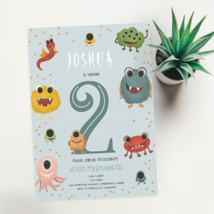 Boys Modern Blue Monster Kids 2:a födelsedag Inbjudningar