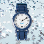 Boys Modern Coola Blue Custom Name Monogram Armbandsur<br><div class="desc">Anpassningsbar,  personlig,  ungpojkar roligt coola snyggt modern trendig blå silikonband,  plast fodral,  handklocka. Skriv bara i namn. Skapa en underbar,  anpassningsbar klocka för den lila pojken i ditt liv - son,  bror,  brorson,  barnson,  gudson,  styvson. Gör en underbar anpassningsbar till födelsedag,  studenten,  julklappar,  helgdagar med mera.</div>