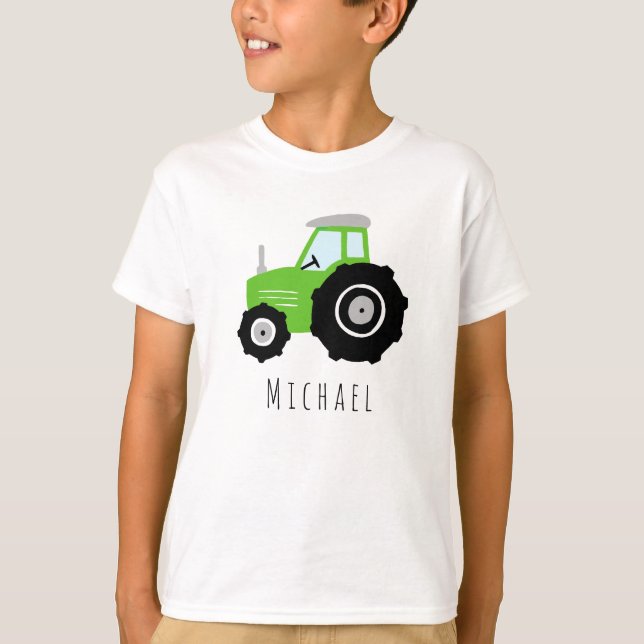 Boys Modern Grönt Farm Tractor och Namn T Shirt (Framsida)