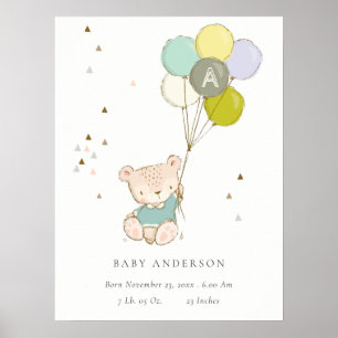 Boys Monogram - födelsetal för Bear Balloon Boys C Poster