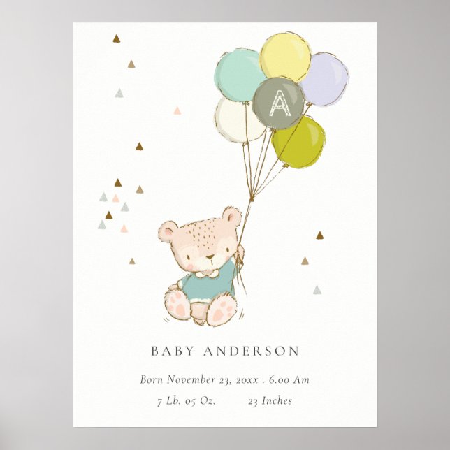 Boys Monogram - födelsetal för Bear Balloon Boys C Poster (Framsidan)