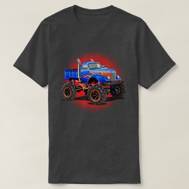 Boys Monster Lastbil med Flames Blue Red Graphic T Shirt (Design framsida)