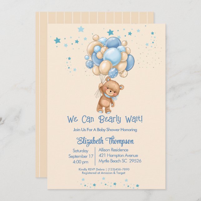 Boys Nalle Balloys Barly Wait Baby Shower Inbjudningar (Fram/baksida)