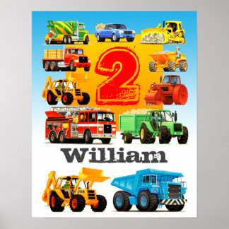 Boy's Namn och Age 2nd Birthday Construction Lastb Poster