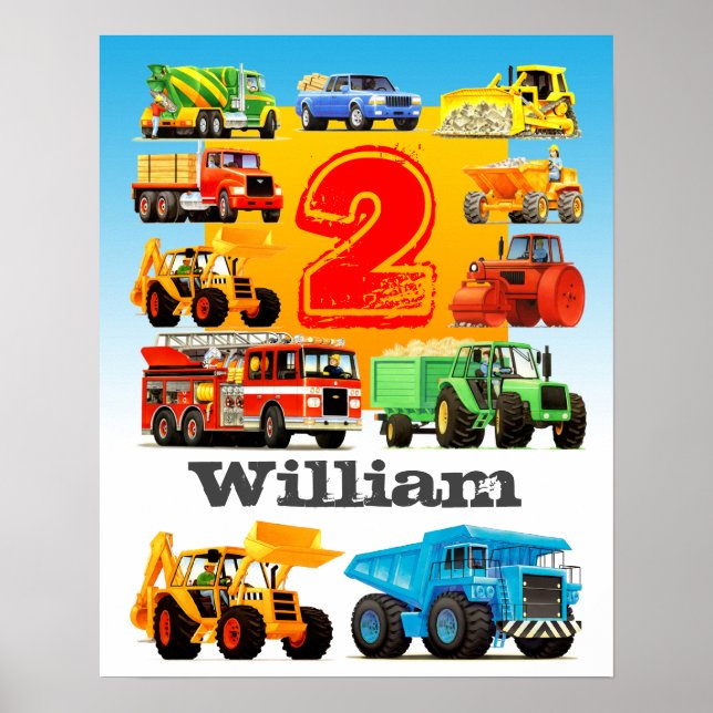 Boy's Namn och Age 2nd Birthday Construction Lastb Poster (Framsidan)