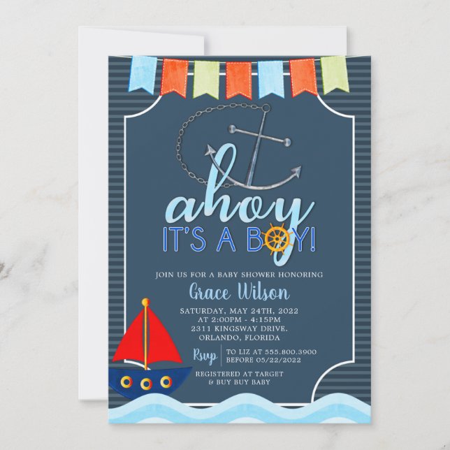 Boys Nautical Anchor Boat Baby Shower-inbjudan Inbjudningar (Framsida)
