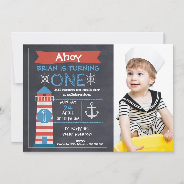 Boys Nautical Lighthouse Photo Birthday-inbjudan Inbjudningar (Framsida)