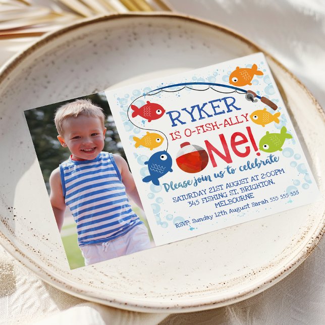 Boys O-fish-ally en födelsedagsinbjudan Inbjudningar (Boy's O-Fish-Ally One 1st Birthday Invitation For Little Boy, Fishing Themed First Birthday Invite)