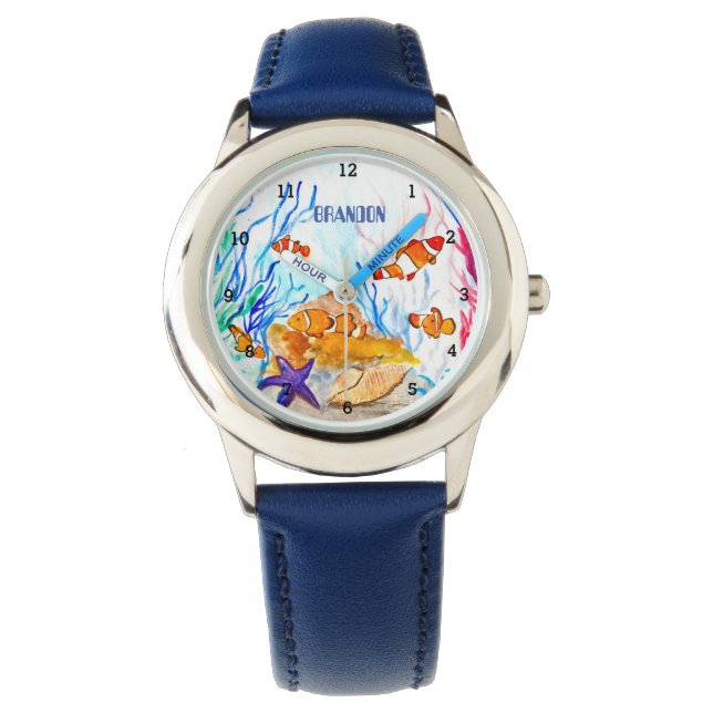 Boys Ocean Fish Cute Modern Blue Kids Armbandsur (Framsida)