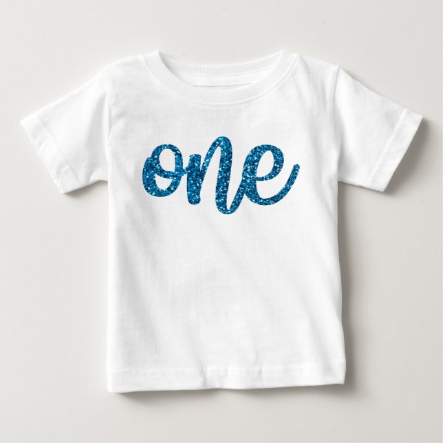 Boys One Birday Blue Glitter T Shirt (Framsida)