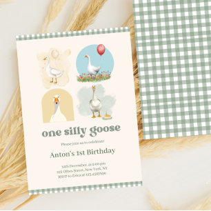 Boys One Fånig Goose Blue First Birthday Gingham Inbjudningar