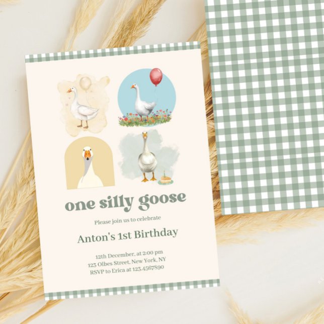 Boys One Fånig Goose Blue First Birthday Gingham Inbjudningar (one silly goose, 1st birthday, farm, boys first birthday boy, blue gingham, whimsical, sage green, b)