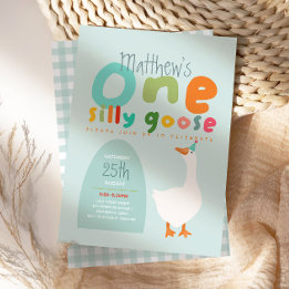 Boys One Fånig Goose Blue First Birthday Inbjudningar