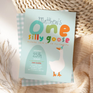 Boys One Fånig Goose Blue First Birthday Inbjudningar