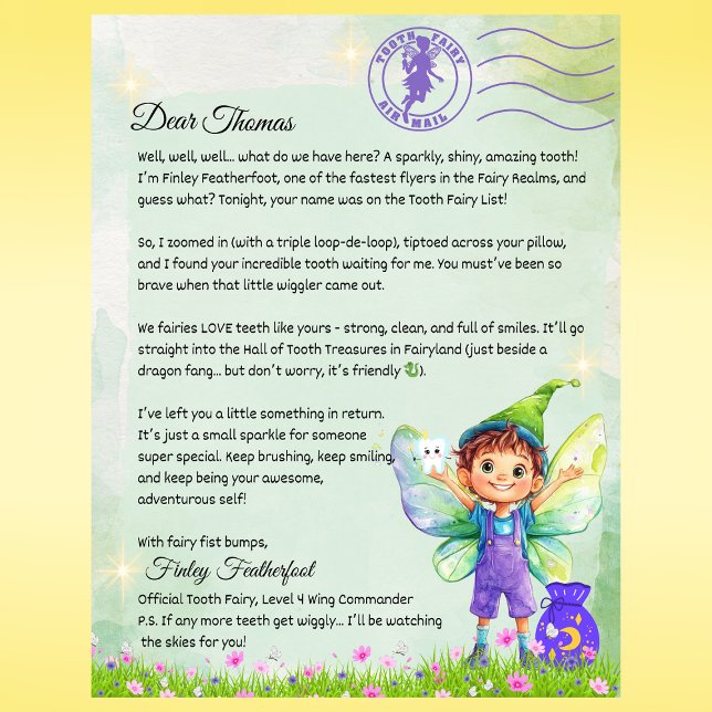 Boys Personlig Fairy Brev Magic Keepsak (Boys Tooth Fairy Letter – Personalized Tooth Fairy Note from Finley Featherfoot – Custom Printed)