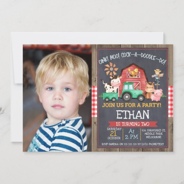 Boys Photo Farm Tractor Chalkboard Birthday Inbjudningar (Framsida)