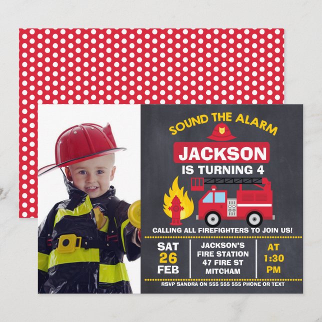 Boys Photo Fire Engine Birthday-inbjudan Inbjudningar (Fram/baksida)
