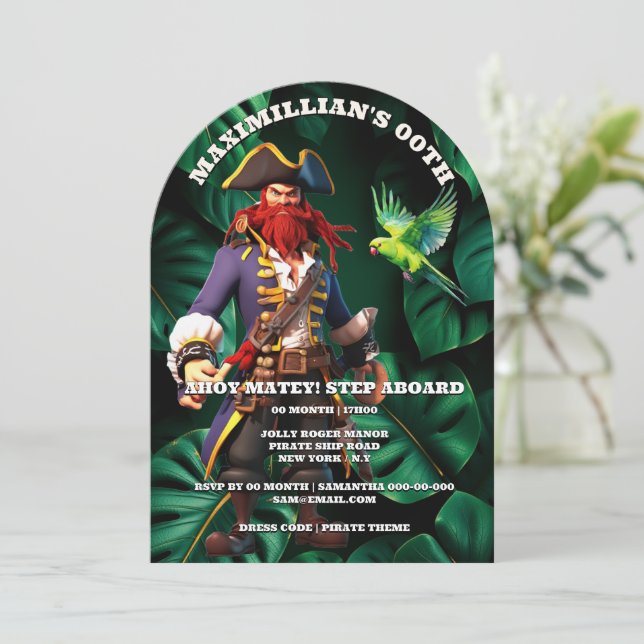 Boys pirate theme birthday party captain red inbjudningar (Stående Fram)