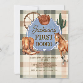 Boys Plaid Green Brown First Rodeo 1st Birthday Inbjudningar