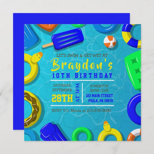 BOYS POOL SWIM FLOATS Birthday Party Invitation Inbjudningar (Fram/baksida)