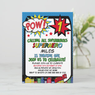 Boys Pow Blue Red Superassistance 1st Birday Inbjudningar