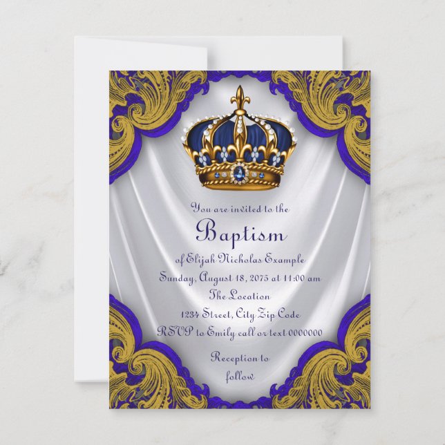 Boys Prince Baptism Royal Blue Guld Swirl Satin Inbjudningar (Baksida)
