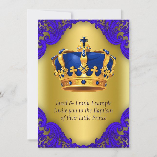 Boys Prince Baptism Royal Blue och Guld Inbjudningar (Framsida)