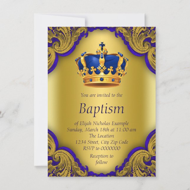 Boys Prince Baptism Royal Blue och Guld Krona Inbjudningar (Baksida)