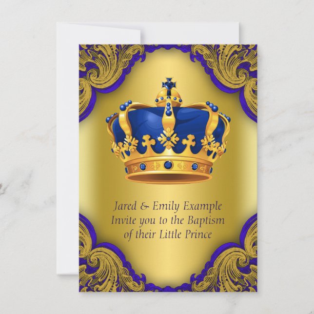 Boys Prince Baptism Royal Blue och Guld Krona Inbjudningar (Framsida)