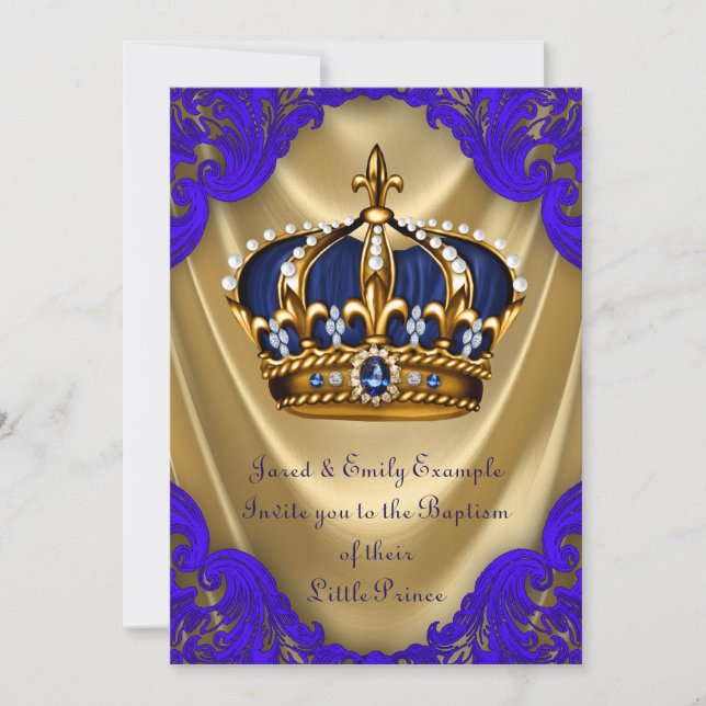 Boys Prince Baptism Royal Blue och Guld Satin Inbjudningar (Framsida)