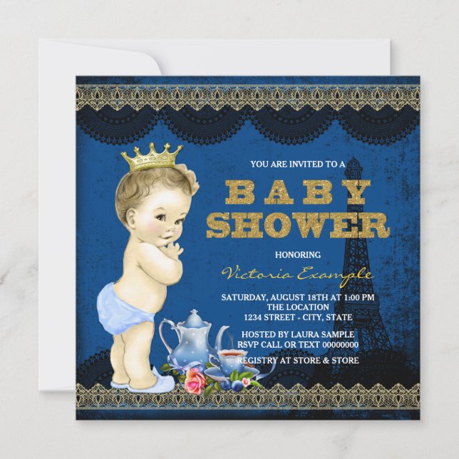 Boys Prince Paris Tea Party Baby Shower Royal Blue Inbjudningar (Framsida)