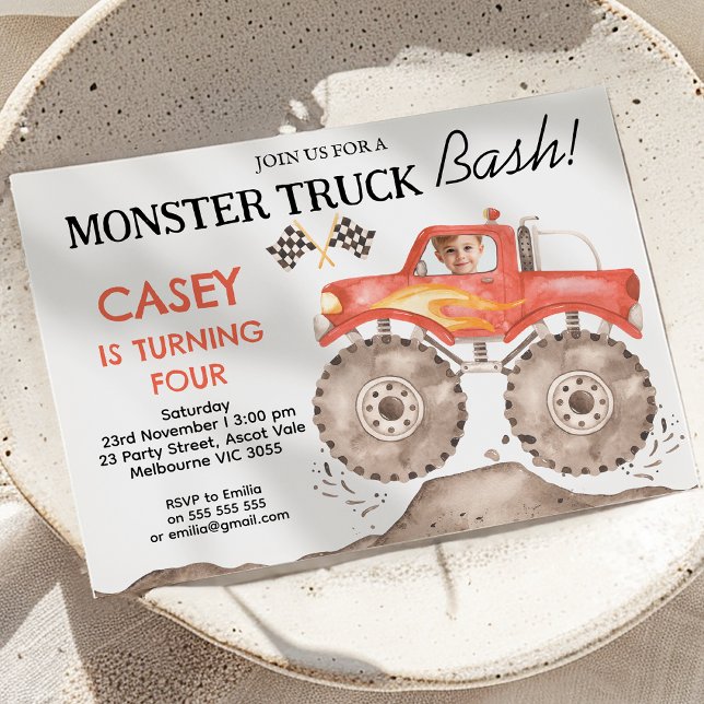 Boys Red Monster Lastbil Bash Birthday Inbjudningar (Monster Truck Bash Birthday Invitation Boy, Red Monster Truck Birthday Invitation Any Age, Photo)
