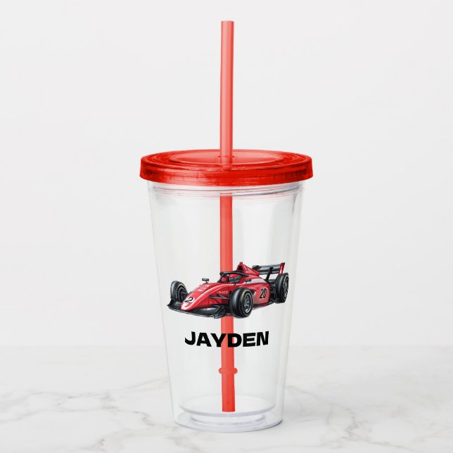 Boys Red Racing Car Personalised  Take Away Mugg (Framsida)