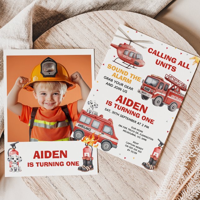 Boys Red Rescue Calling All Units Birthday Inbjudningar (Calling All Units Invitation, Fire Truck Birthday Invitation, Emergency Squad Invitation, Alarm)