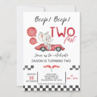 Boys Red Tävla Car Elephant Two Fast 2nd Birday