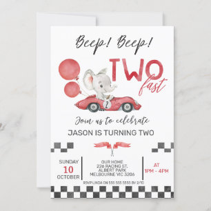 Boys Red Tävla Car Elephant Two Fast 2nd Birday Inbjudningar