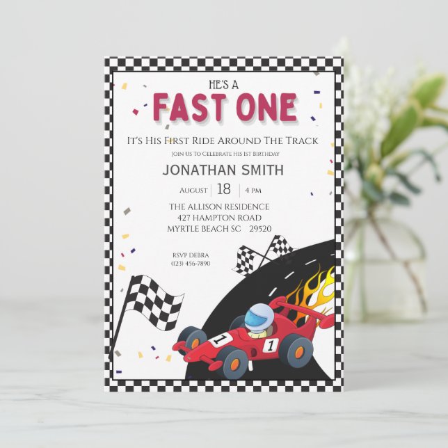 Boys Red Tävling-bil 1:a födelsedagsinbjudan Inbjudningar (Stående Fram)